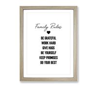 Family Rules Typography Quote Framed Print | A4 Oak Framed Wall Art | Ready to Hang | Modern Positive Affirmations Picture | Living Room Bedroom Lounge Office
