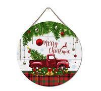 Family Sign Red Truck and Merry Christmas Tree Hanging Wood Sign 12x12in Round Merry Christmas Tree Truck Wood Plaque Farmhouse Style Decorative Wooden Farm Sign Custom Door Sign