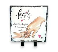 Family Slate Plaque with Stand 15 × 15 cm - “Family Where Life Begins & Love Never Ends” Decorative Home Décor