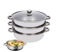 Family Steamer - Metal Steaming Kitchenware, Triple Layer, Stackable with Tempered Glass Cover, Nutritious Cooking, Dumplings, Seafood, Reheating, Household Bench