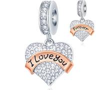 Family Theme Pave Heart Pendant Charms with Clear CZ, 925 Sterling Silver Rose Gold Ribbon Beads, fits European Mothers Day Bracelet, Gifts for Mother/Wife/Friends