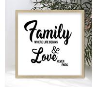 Family Where Life Begins And Love Never Ends Framed Wooden Sign Motivational Saying Decor for Living Room Bedroom Office Dorm Farmhouse Rustic Wall Art Home Decor 12"x12"