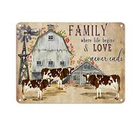 Family Where Life Begins And Love Never Ends Metal Sign Rustic Chic Cow Metal Wall Art Cows Farm 12x16in Weatherproof Poster Plaque Decor For Kitchen Garden Farmhouse Garage