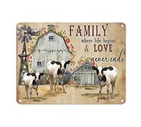 Family Where Life Begins And Love Never Ends Metal Sign Rustic Country Cow Metal Wall Art Cows Farm 12x16in Easy to Mount Poster Plaque Decor For Bar Pub Club Cafe Home Man Cave
