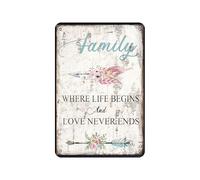 Family Where Life Begins and Love Never Ends Vintage Poster Tin Sign Bathroom Home Garden Retro Store Cafe 8X12 Inch Retro Look Metal Poster Sign for Home Farm Garage Quotes Wall Decor