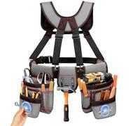 FamilyKit Tool Belt with Suspenders - Magnetic Heavy Duty Tool Belts with 18 Pockets, Tool Pouch with Detachable & Adjustable 32"-66" Waist for Electricians, Carpenters, Framers, Construction,Grey