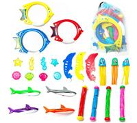 Famiredo 25Pcs Diving Pool Toys Set with Diving Stick Shark Diving Rings Gemstone Dolphin Underwater Swimming Pool Toys for Diving Game Kit with a Storage Net Bag