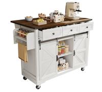 FammyLoft Rolling Kitchen Island on Wheels with Folding Side Board, Trolley with 2 Sliding Doors and 3 Drawers, Kitchen Cart with Wood Grain for Home, White