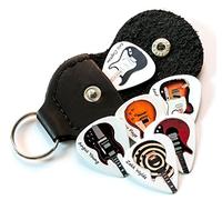 Famous Guitars on 6 Guitar Picks Double Sided With Leather Plectrum Holder Keyring