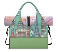 Famous Landmarks Cartoon Sports Duffle Bag with Shoe Compartment Weekend Overnight Bags Tote Cabin Luggage Bag for Gym Yoga Travel