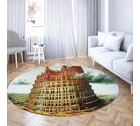 Famous Painting Art Round Rugs 70cm the Tower of Babel Washable Non-Slip Soft LowPile Throw Circle Carpet for Living Room Guest Room