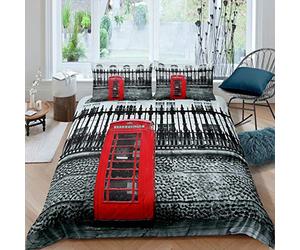 Famous Telephone Booth Duvet Cover Set London Bedding Set for Kids Boys Girls Retro London Style Comforter Cover Vintage Red Call Box Decor Bedding & Linen Bedroom Collection 3Pcs Double Size