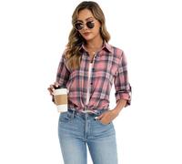 Famrrifuu Womens Plaid Flannel Shirt Casual Lightweight Long Sleeve Button-Down Checked Shirts Boyfriend Ladies Top, Pink Green, XXL