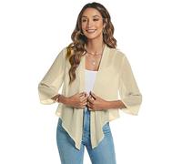 Famrrifuu Women's Shrugs Summer Bolero Chiffon 3/4 Sleeves Open Front Loose Elegant Evening Cover up Lightweight Sheer Cropped Cardigan, Apricot, L