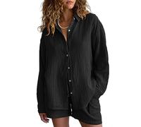 Famulily 100% Cotton Two-Piece Women's Muslin Pyjamas Elegant Leisure Suit Loungewear Leisure Suit Long Sleeve Oversized Blouse and Shorts with Pockets, black, XXL