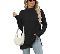 Famulily Black Long Sleeve Pullovers for Ladies, Women's Longline Mock Neck Jumpers Cozy Knitted Tunic Sweater Tops (L, Black)