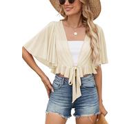 Famulily Boleros for Women UK Comfy Tie Front Cropped Summer Shrug Cardigans for Weddings Evening (XL, Beige)