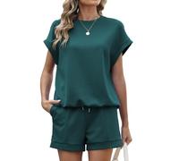 Famulily Co Ords Sets for Women UK Short Sleeve 2 Piece Outfits Stylish Tops & Shorts Set with Pockets Blackish Green M