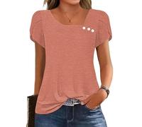 Famulily Cute Petal Short Sleeve Loose Fit Tee Shirt for Women, Button Square Neck Soft Blouse Tops for Summer (XXL, Pink)