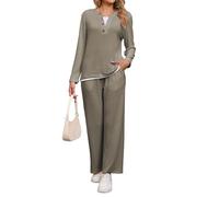 Famulily Henley Neck Womens Ribbed Knit Pyjamas Lounge Sets with Pockets | Mock 2 Piece,Decorative Buttons,Color Block,Home & Away Wear,Layered Look Tops,Wide Leg Pants,Elastic Waist,Flattering Fit
