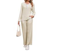 Famulily Henley Neck Womens Ribbed Knit Pyjamas Lounge Sets with Pockets | Mock 2 Piece,Decorative Buttons,Color Block,Home & Away Wear,Layered Look Tops,Wide Leg Pants,Elastic Waist,Flattering Fit