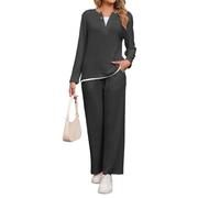 Famulily Henley Neck Womens Ribbed Knit Pyjamas Lounge Sets with Pockets | Mock 2 Piece,Decorative Buttons,Color Block,Home & Away Wear,Layered Look Tops,Wide Leg Pants,Elastic Waist,Flattering Fit