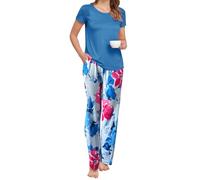 Famulily Ladies 2 Piece Summer Pyjama Sets 2 Side Ruched Round Neck Tops & Wide Leg Pants Casual Nightwear Blue S