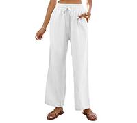 Famulily Ladies Casual Loose Cotton Linen Trousers High Waist Wide Leg Summer Beach Trousers with Adjustable Drawstring White S