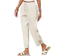 Famulily Ladies Cotton Trousers Summer Lightweight Relaxed Straight Fit Drawstring Elastic Waist Beach Pants with 4 Pockets (M, Beige)