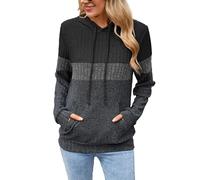 Famulily Ladies Drawstring Colour Block Hoodie Textured Long Sleeve Pullover Sweaters Autumn Jumpers with Pocket Black L