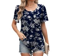 Famulily Ladies Front Pleated Tunic Tops Short Sleeve Crewneck Printed Blouses Tshirts (S, Navy Flower)