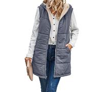 Famulily Ladies Long Padded Gilet Sleeveless Reversible Puffer Vest Fluffy Hooded Down Body Warmer Outerwear Gray S