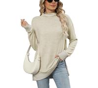 Famulily Ladies Long Sleeve Casual Knitted Jumpers, Side Slits Loose Mockneck Tunic Longline Sweater Tops for Leggings (XL, Beige)