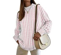 Famulily Ladies Long Sleeve Jumpers Cable Knit Striped Slouchy Sweaters Pullover Drop Shoulder Tops Pink L