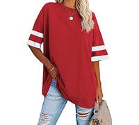 Famulily Ladies Long Tshirt Tops Crew Neck Simple Patchwork Baseball Tee Shirt Tops Red S