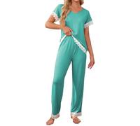 Famulily Ladies Lounge Wear Sets Lace Patchwork Summer Tops and Elastic Waist Pants 2 Pcs Cute Pjs Green M