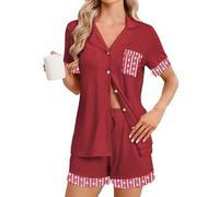 Famulily Ladies Pyjamas Set Notch Collar Tops with Elastic Waist Shorts Summer Matching Pjs with Handy Pockets Red XL