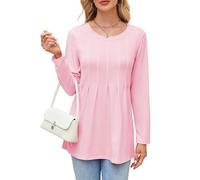 Famulily Ladies Round Neck Loose T Shirts Curved Hem Front Pleat Long Sleeve Longline Tops UK Plain Going Out Wear Pink M