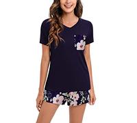 Famulily Ladies Short Pyjamas Sets V Neck Top & Shorts Summer Lounge Sets For Women Casual Floral Print Cotton Cozy Pjs Blue L