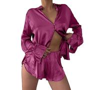 Famulily Ladies Silk Satin Pajamas Set Long Sleeve Sleepwear Button Down Top and Shorts Loungewear 2 Piece Pjs for Women Hot pink M