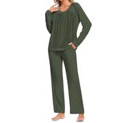 Famulily Ladies Spring Pajama Sets Solid Color Long Sleeve Tuinc Tops and Wide Leg Lounge Pants with Pockets Army Green XL