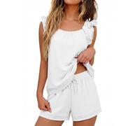 Famulily Ladies Summer Pyjamas Sets Casual Ruffle Vest Tops and Shorts with Drawstring Pjs Full Set Leisure Suits White L