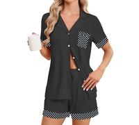 Famulily Ladies Summer Short Sleeve Pyjamas Set Notch Collar Button Down Lounge Sets Polka Dot Trim Sleepwear Black XXL