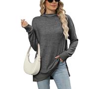 Famulily Long Sleeve Mock Neck Sweaters for Ladies, Women's Longline Jumpers Cozy Knitted Tunic Pullover Tops (L, Dark Grey)