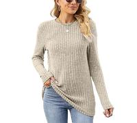 Famulily Long Sleeve Tops Ladies Lightweight Knitted Jumpers, Oversized Round Neck Plain Casual Sweatshirts (S, Khaki)