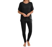 Famulily Lounge Wear Sets for Women UK Drop Shoulder Side Split Shirt and Long Pants Crew Neck Casual Suit Black S