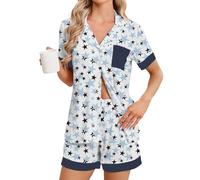 Famulily Lounge Wear Sets for Women UK Short Sleeve Notch Collar Nightwear Button Down Tops & Matching Shorts Blue M