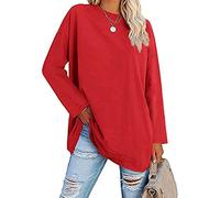 Famulily Oversized Long Sleeve Baseball Tops Tshirt Women's Round Neck Simple Basic Solid Color Tunic Tops Loose Fit Red XL