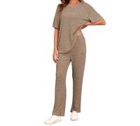 Famulily Oversized Long Tops and Wide Leg Trousers Pyjamas for Women Casual Summer Loungewear Sets 2 Piece Going Out Knit Leisure Sports Yoga Suits (M, Khaki)