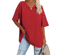 Famulily Oversized Tshirt Women's V Neck Simple Half Sleeve Baseball Tee Shirt Tops Red L